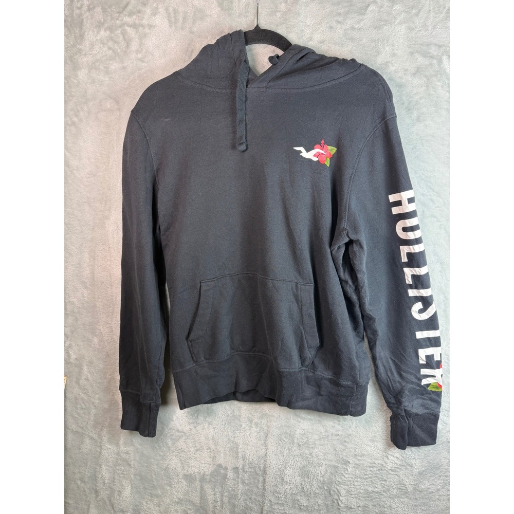HOLLISTER Hoodie Men S Black Rose Floral Graphic Sleeve Logo Pullover‎ Y2K